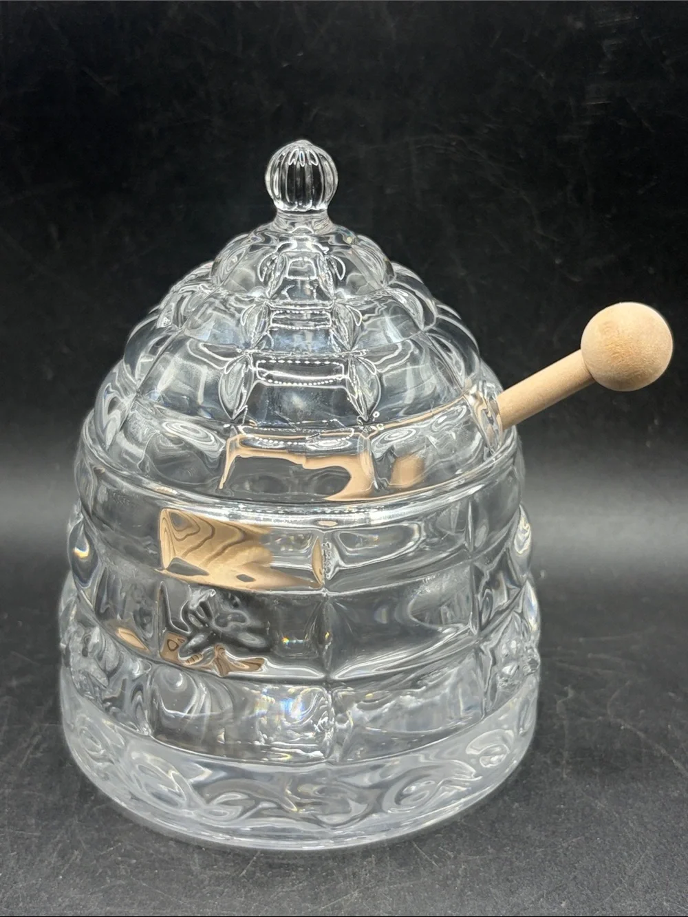 Crystal Beehive Honey Jar with Wooden Honey Dipper, Lidded Cottagecore Bee Jar